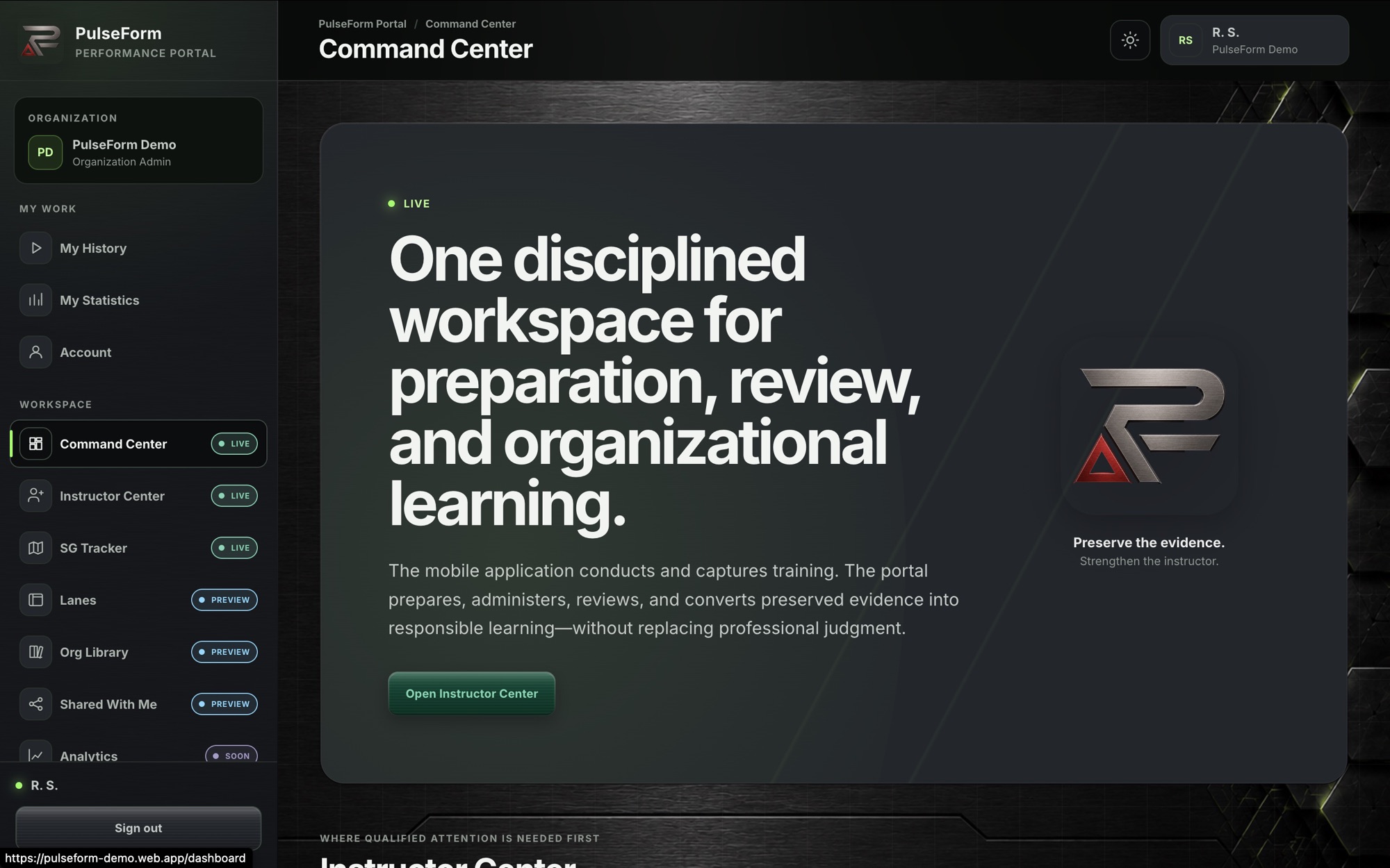 PulseForm Portal Command Center workspace