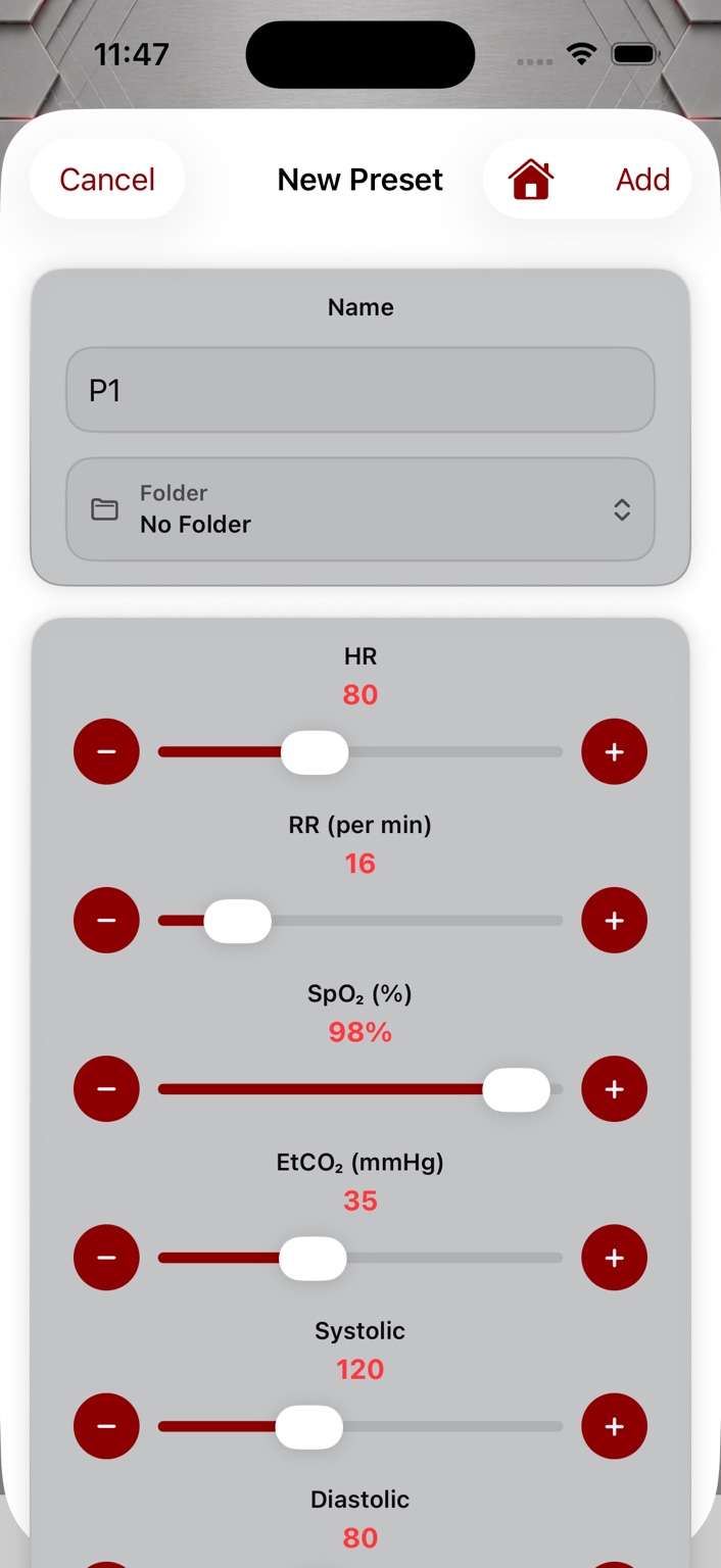 PulseForm patient physiology configuration screen