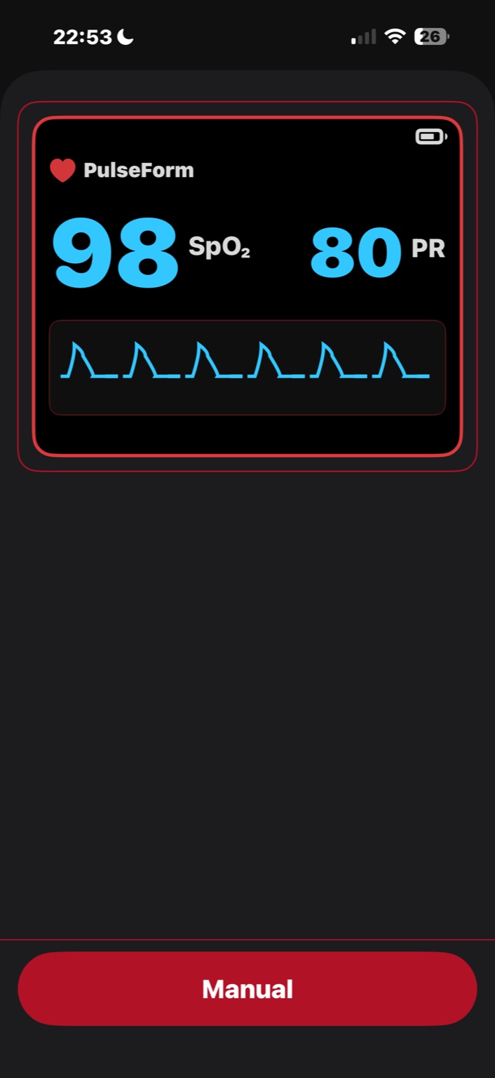 PulseForm pulse oximetry monitor screen